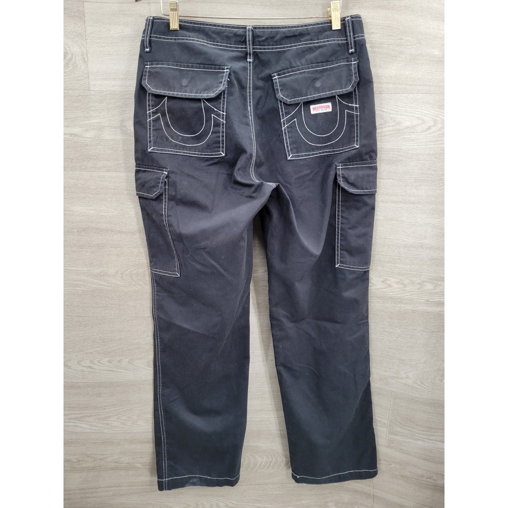 True Religion Cargo Pants Men's Size 32 Black White Stitch Baggy Utility Pockets